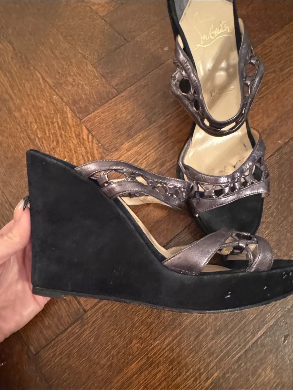Christian Louboutin Metallic Pewter Strappy Wedge Sandals